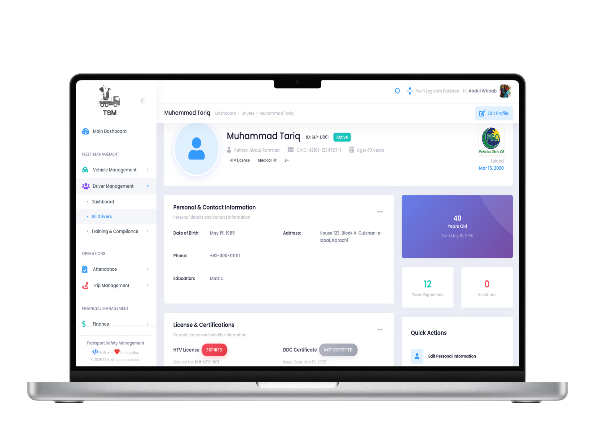 TSM Professional Dashboard Interface